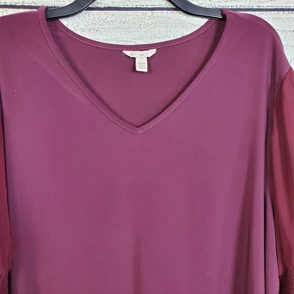 EST. 1946 Women's 18/20W Plum Long Sleeve Blouse Sheer Bell Sleeves Ruffle Trim - Picture 3 of 7